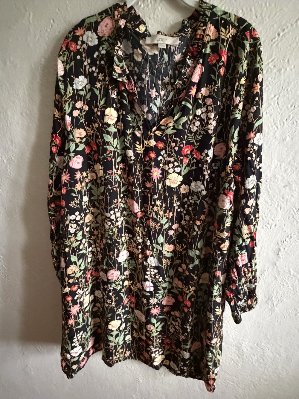 LOFT Black Floral Long-Sleeve Ruffle-Neck Dress